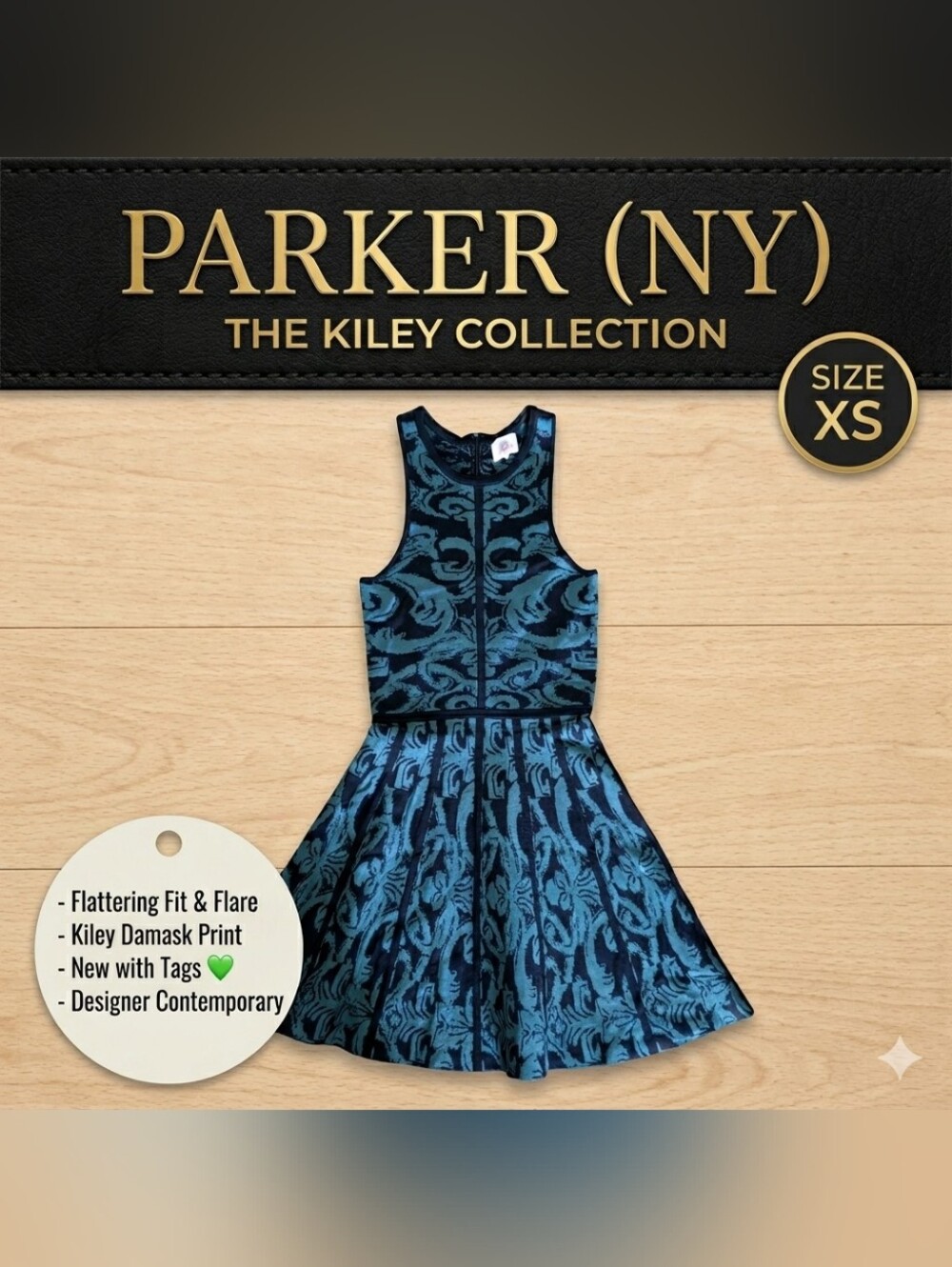 Parker Kiley Damask Fit & Flare Mini Dress Teal Black Knit Sleeveless Sz XS